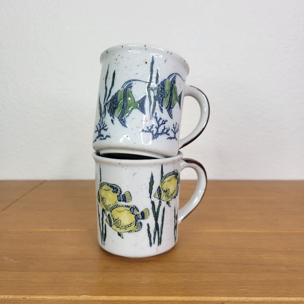 Vintage fish coffee mug, set of 2 unique mugs